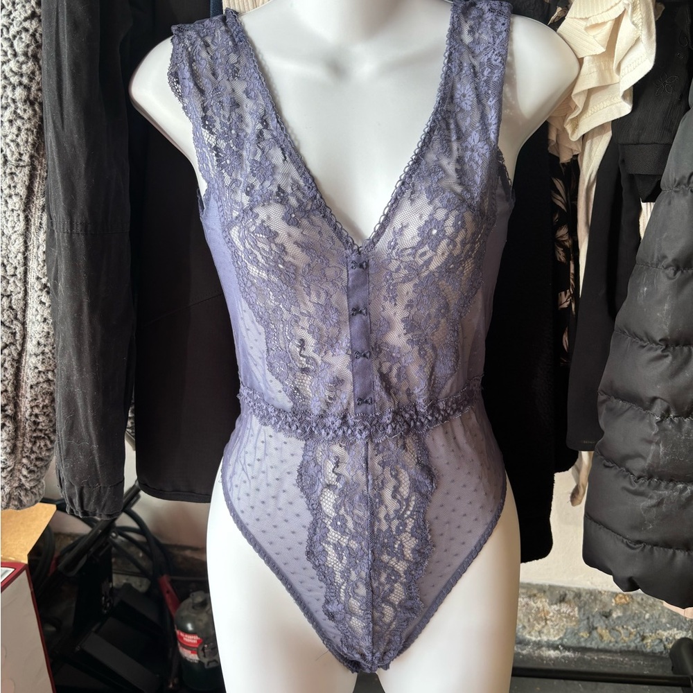 Victoria's Secret Sheer Lace Bodysuit in Purple